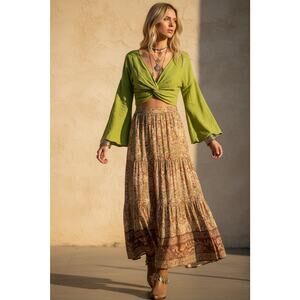 "Boho Lime Green Twist Front Crop Top - Bell Sleeve 100% Cotton - Size S/M